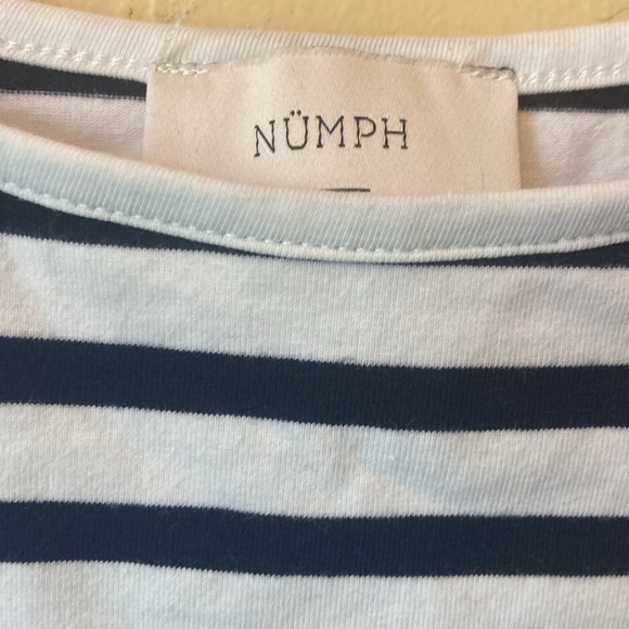 NEW NUMPH navy and white striped long sleeve puff shoulder T-shirt - Picture 2 of 6